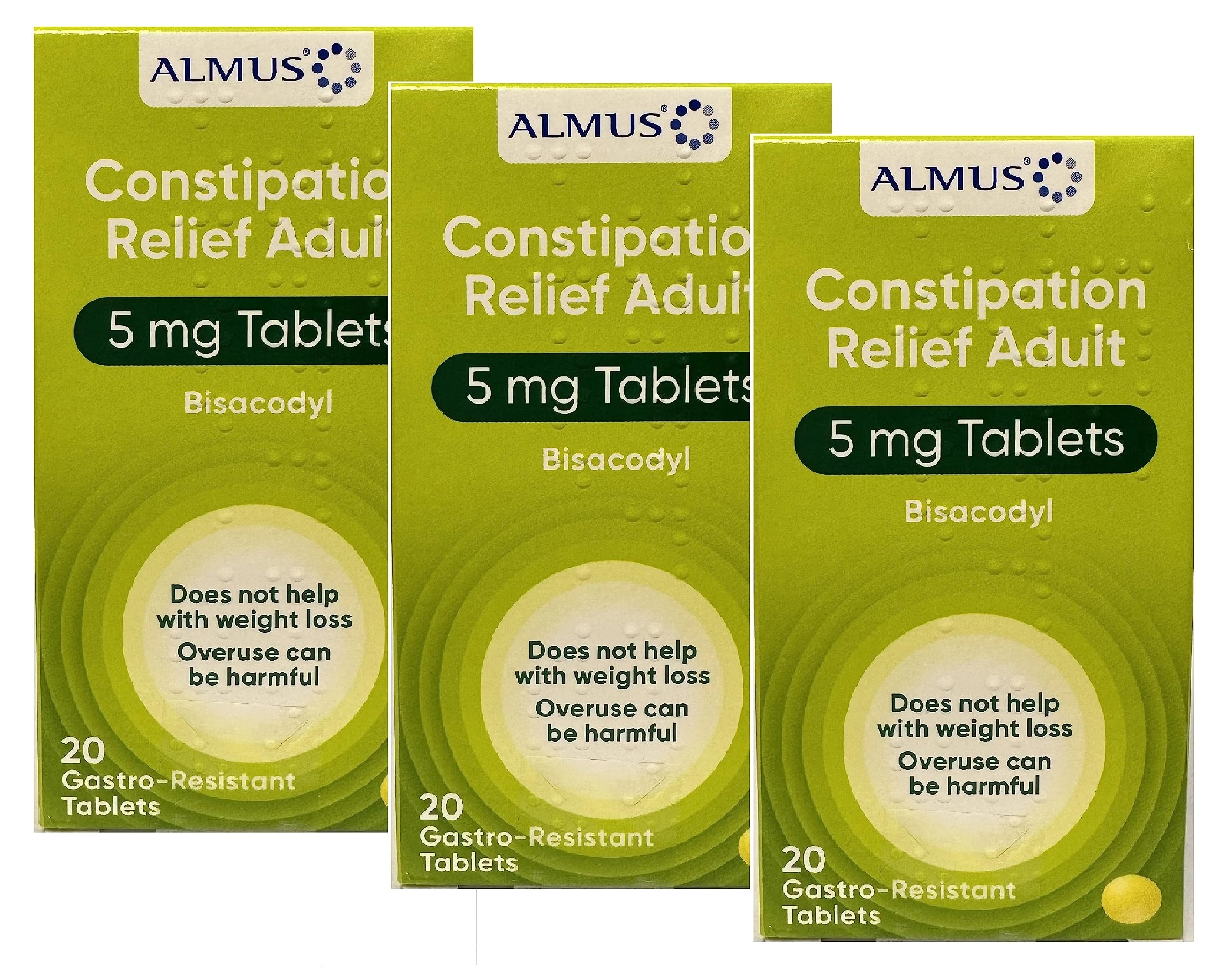 Almus Constipation Relief Gastro-Resistant Tablets 5 mg Bisacodyl - 3 x 20 Tablets