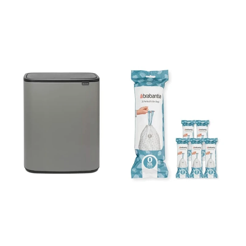 Brabantia Bo Touch Bin - 2 x 30 Litre Inner Buckets (Mineral Concrete Grey) Waste/Recycling Kitchen Bin + O Liners Multipack Box (120 rolls)