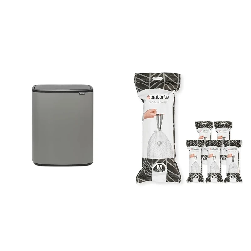 Brabantia Bo Touch Bin - 1 x 60 Litre Inner Buckets (Mineral Concrete Grey) Waste/Recycling Kitchen Bin + M Liners Multipack Box (120 rolls)