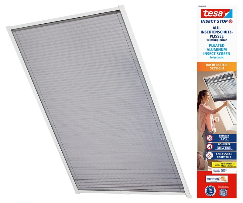 tesa Telescopic Aluminium Insect Screen - Insect Net for Roof Windows - Easy Installation Without Drilling with tesa Powerstrips Technology - White
