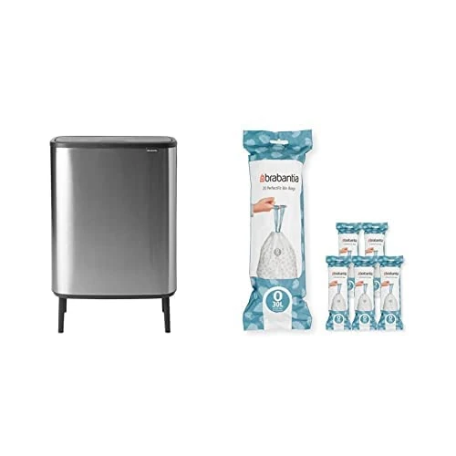 Brabantia Bo Touch Bin Hi - 2 x 30 Litre Inner Buckets (Matt Steel FPP) Waste/Recycling Kitchen Bin + O Liners Multipack Box (120 rolls)