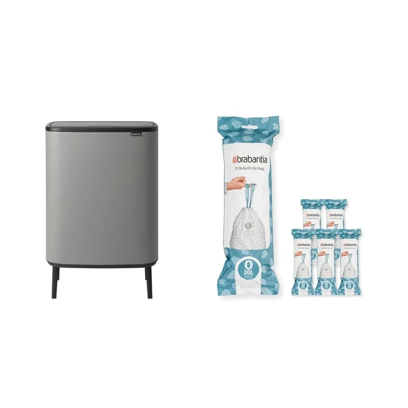 Brabantia Bo Touch Bin Hi - 2 x 30 Litre Inner Buckets (Mineral Concrete Grey) Waste/Recycling Kitchen Bin + O Liners Multipack Box (120 rolls)