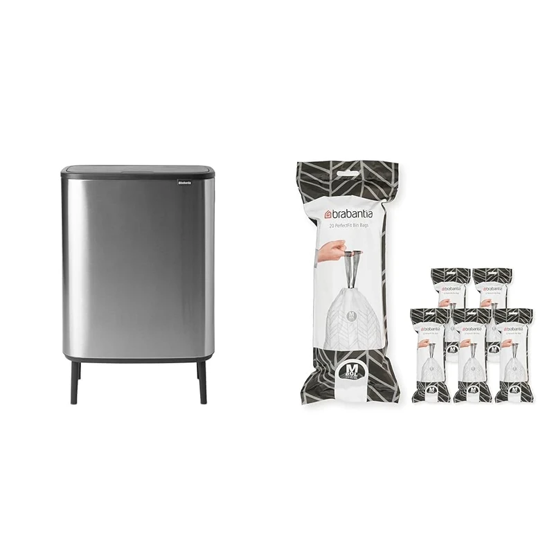 Brabantia Bo Touch Bin HI - 1 x 60 Litre Inner Bucket (Matt Steel FPP) Waste/Recycling Kitchen Bin + M Liners Multipack Box (120 rolls)