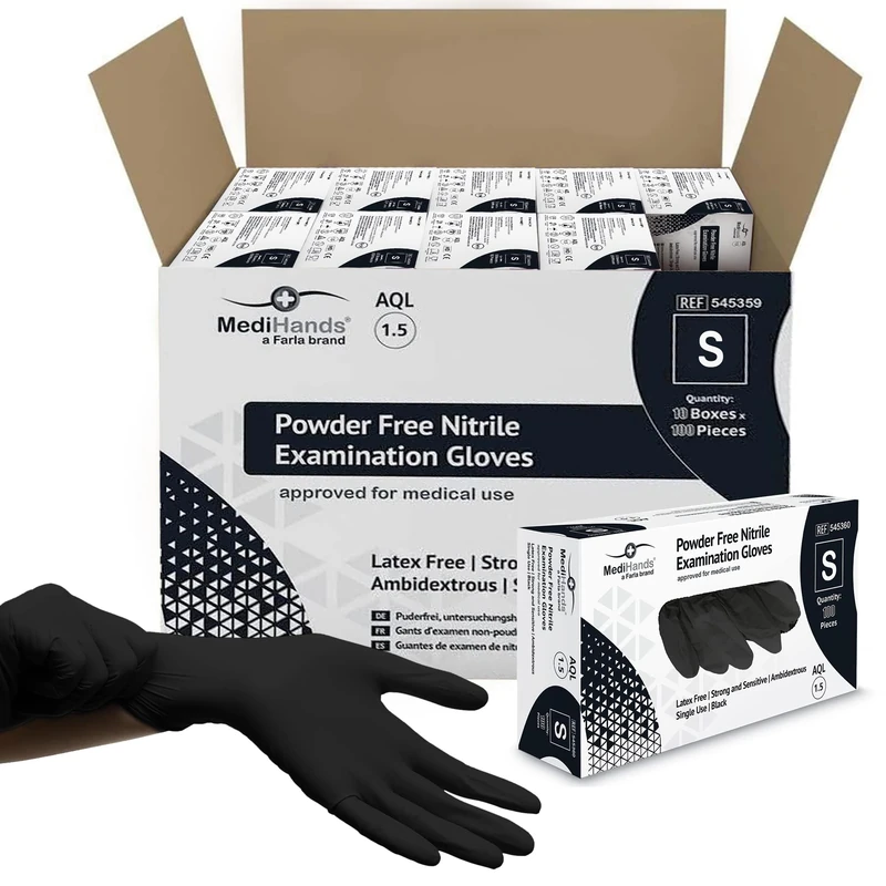 Farla Medical MediHands Black Nitrile Gloves | Powder Free | Latex Free | Pack of 100 (S (Pack of 1000))