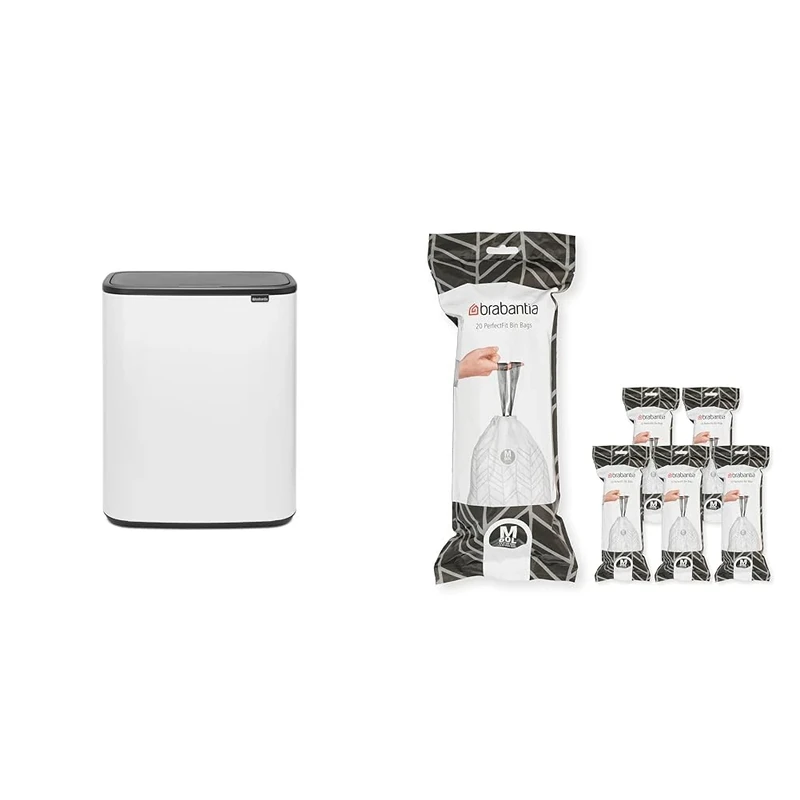 Brabantia Bo Touch Bin - 1 x 60 Litre Inner Buckets (White) Waste/Recycling Kitchen Bin + M Liners Multipack Box (120 rolls)