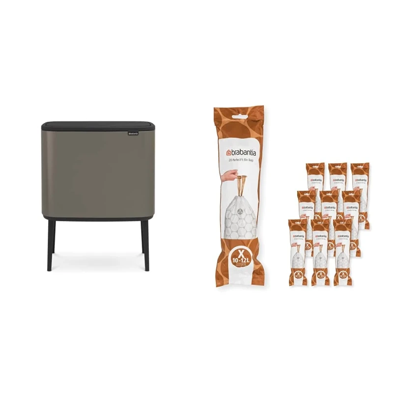 Brabantia Bo Touch Bin - 3 x 11 Litre Inner Buckets (Platinum) Waste/Recycling Kitchen Bin + X Liners Multipack Box (200 rolls)