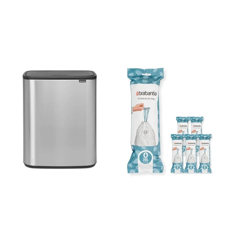Brabantia Bo Touch Bin - 2 x 30 Litre Inner Buckets (Matt Steel FPP) Waste/Recycling Kitchen Bin + O Liners Multipack Box (120 rolls)