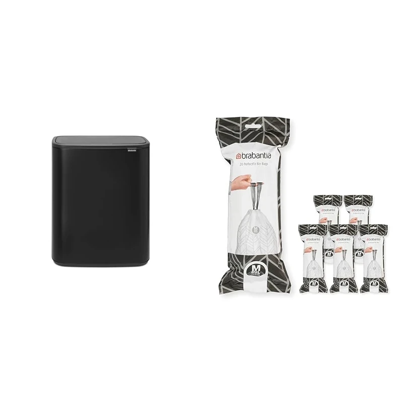 Brabantia Bo Touch Bin - 1 x 60 Litre Inner Buckets (Matt Black) Waste/Recycling Kitchen Bin + M Liners Multipack Box (120 rolls)