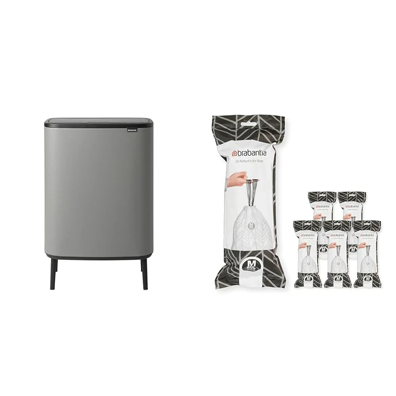 Brabantia Bo Touch Bin HI - 1 x 60 Litre Inner Bucket (Mineral Concrete Grey) Waste/Recycling Kitchen Bin + M Liners Multipack Box (120 rolls)