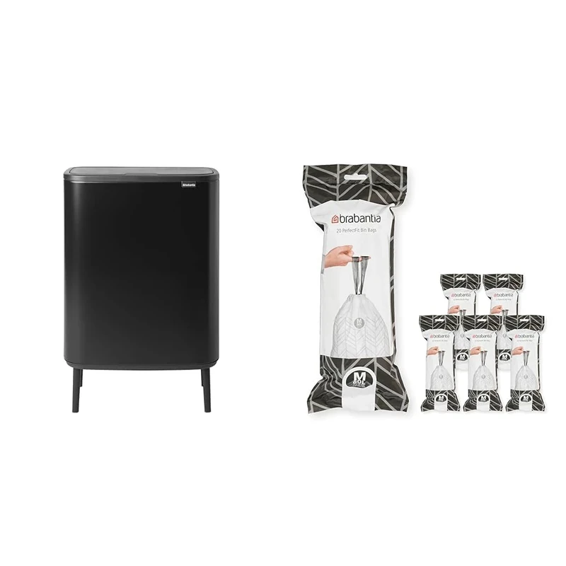 Brabantia Bo Touch Bin HI - 1 x 60 Litre Inner Bucket (Matt Black) Waste/Recycling Kitchen Bin + M Liners Multipack Box (120 rolls)
