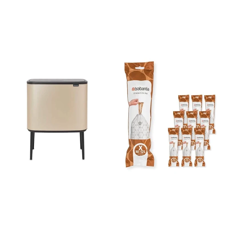 Brabantia Bo Touch Bin - 3 x 11 Litre Inner Buckets (Champagne) Waste/Recycling Kitchen Bin + X Liners Multipack Box (200 rolls)
