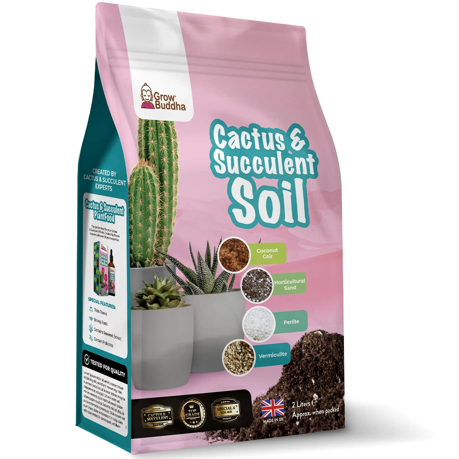 Cactus Succulent Soil Grow Buddha - Natural Cactus and Succulent Indoor Potting Compost Mix - Enriched with Special Nutrients –Cactus and Succulent Potting Soil Compost Mix for Indoor Plants (2L)