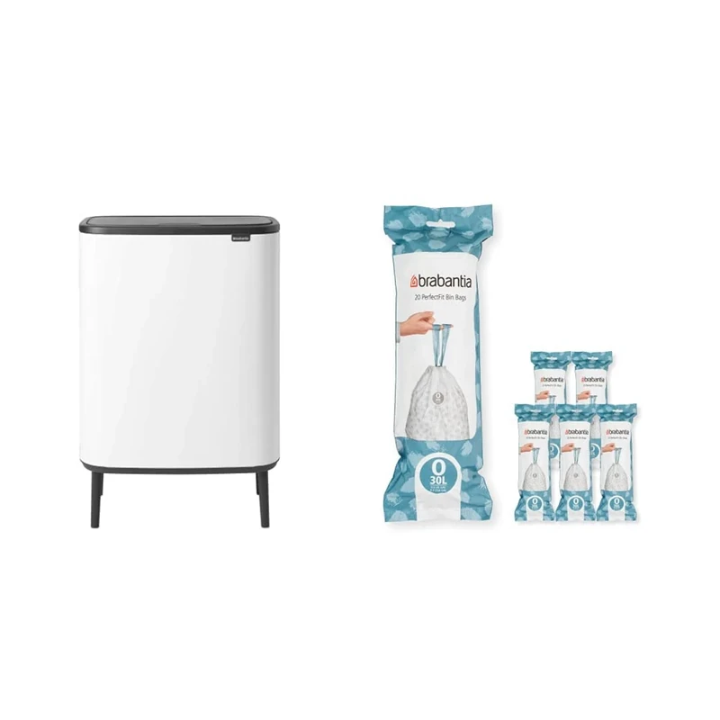 Brabantia Bo Touch Bin Hi - 2 x 30 Litre Inner Buckets (White) Waste/Recycling Kitchen Bin + O Liners Multipack Box (120 rolls)