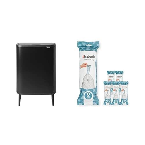 Brabantia Bo Touch Bin Hi - 2 x 30 Litre Inner Buckets (Matt Black) Waste/Recycling Kitchen Bin + O Liners Multipack Box (120 rolls)