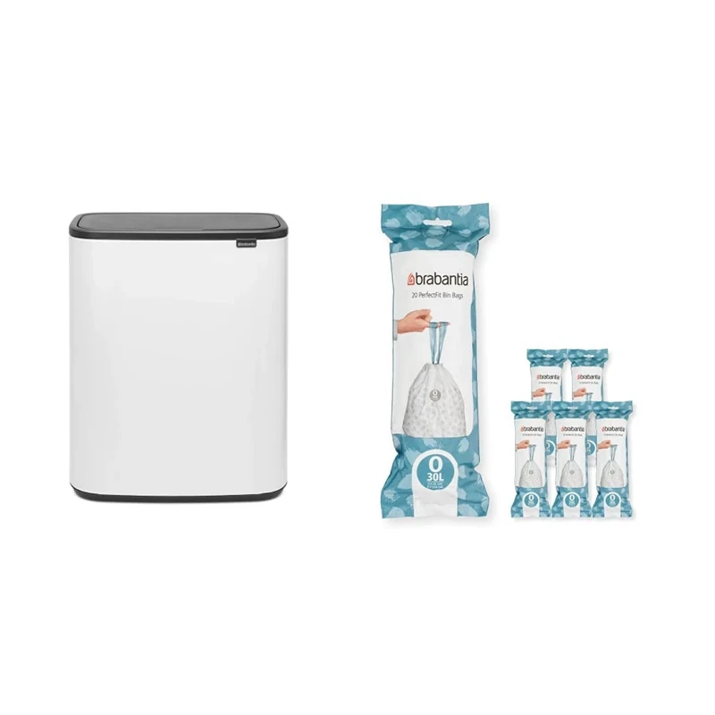 Brabantia Bo Touch Bin - 2 x 30 Litre Inner Buckets (White) Waste/Recycling Kitchen Bin + O Liners Multipack Box (120 rolls)