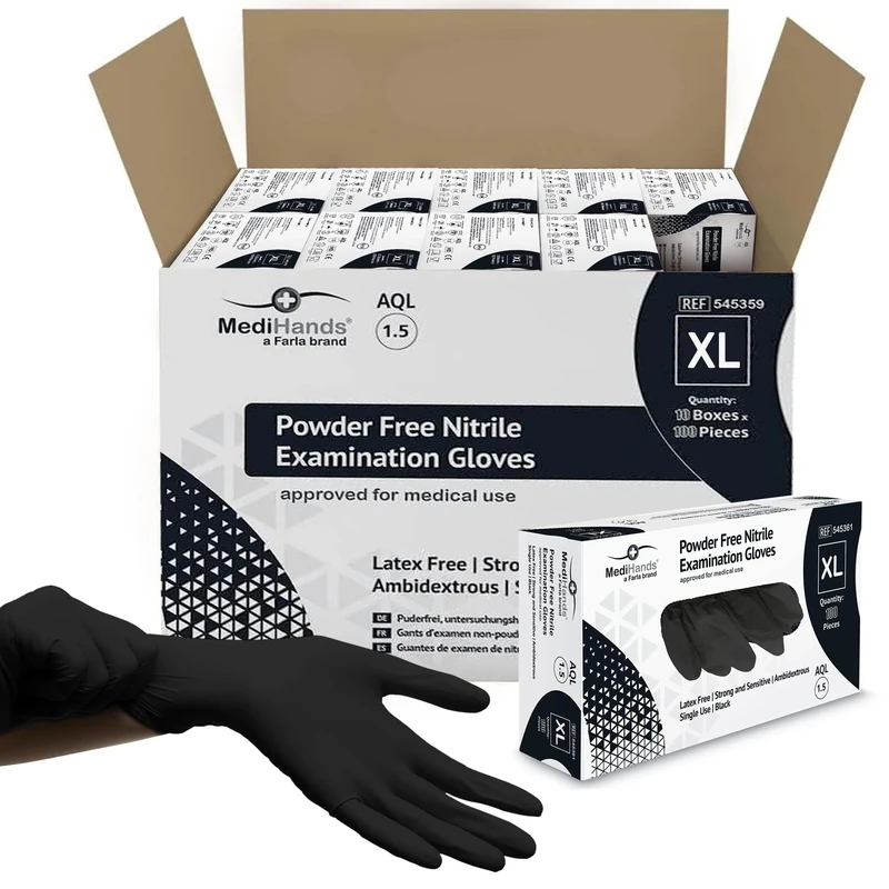 Farla Medical MediHands Black Nitrile Gloves | Powder Free | Latex Free | Pack of 100 (XL (Pack of 1000))