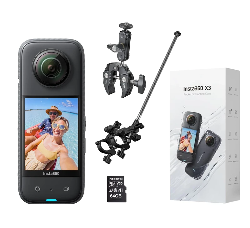 Insta360 X3 360 Degree Action Camera BIKER Kit includes Third-Person Bike Handlebar Mount + 64GB Micro SDHC Memory Card