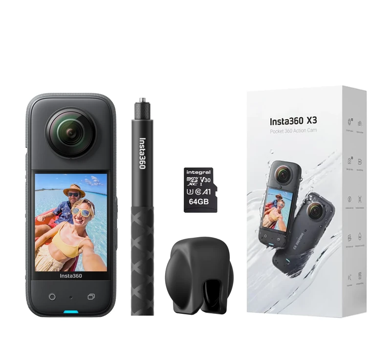 Insta360 X3 360 Degree Action Camera PREMIUM Kit includes Invisible Selfie Stick + Lens Cap + 64GB Memory Card