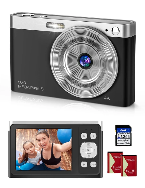 4K Ultra HD Mini Video Camera 50MP 2, 88 Inch LCD Rechargeable Student Compact Camera with 16x Digital Zoom YouTube Vlogging Camera for Kids, Adults, Beginners (Black)