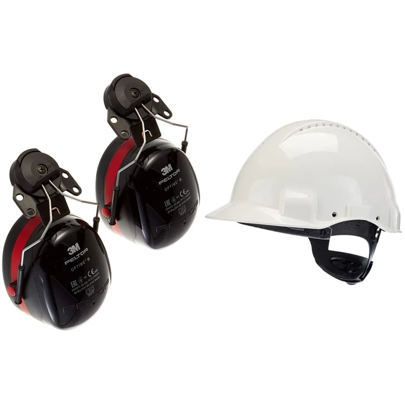 Peltor 3M Optime III Earmuffs, 34 dB, Black/Red, Helmet Mounted, H540P3E-413-SV & 3M Hard Hat, Uvicator, Ratchet, Ventilated, White, G3000NUV-VI