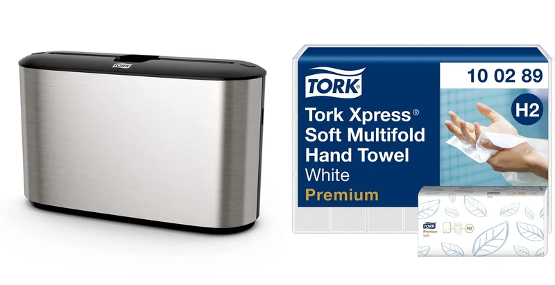 Tork Xpress Countertop Multifold Hand Towel Dispenser - H2 Dispenser,Slim, Stainless Steel + Tork Xpress Soft Multifold Hand Towels - Premium Paper High-Absorbency - Large, White - 21 x 150 Sheets