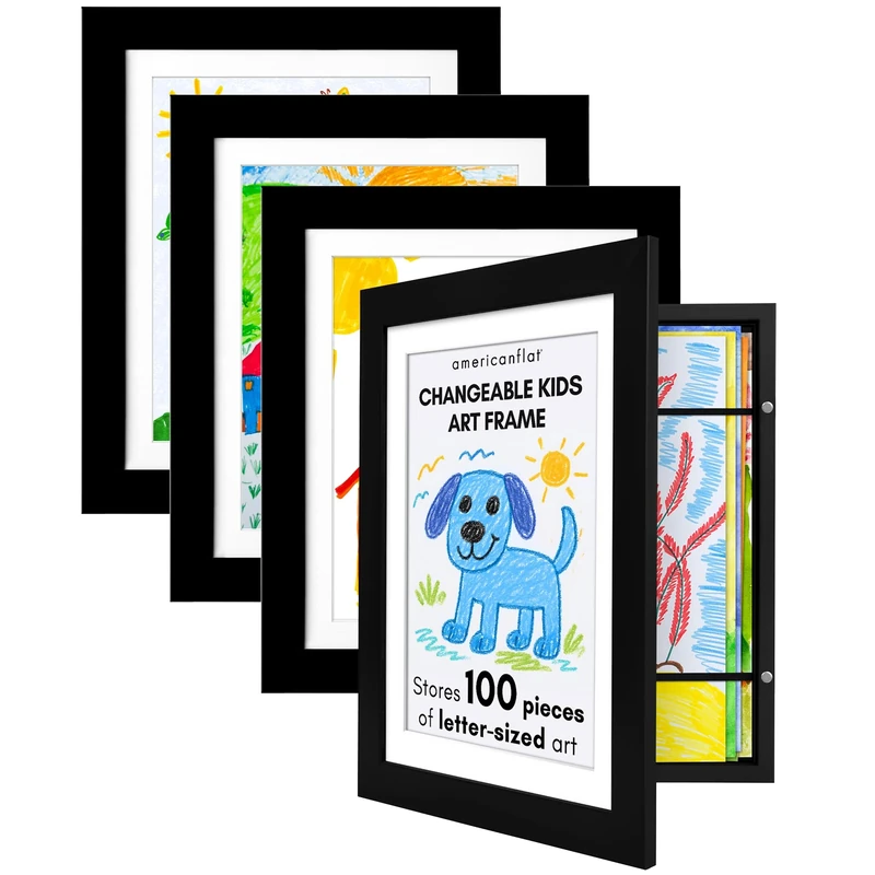 Americanflat A4 Kids Artwork Display Frame in Black - Fits 25.5x32 cm Pictures or Childrens Drawings Without Mount - Front Opening Kids Art Frame Holds 100 Pieces of Art - Set of 4