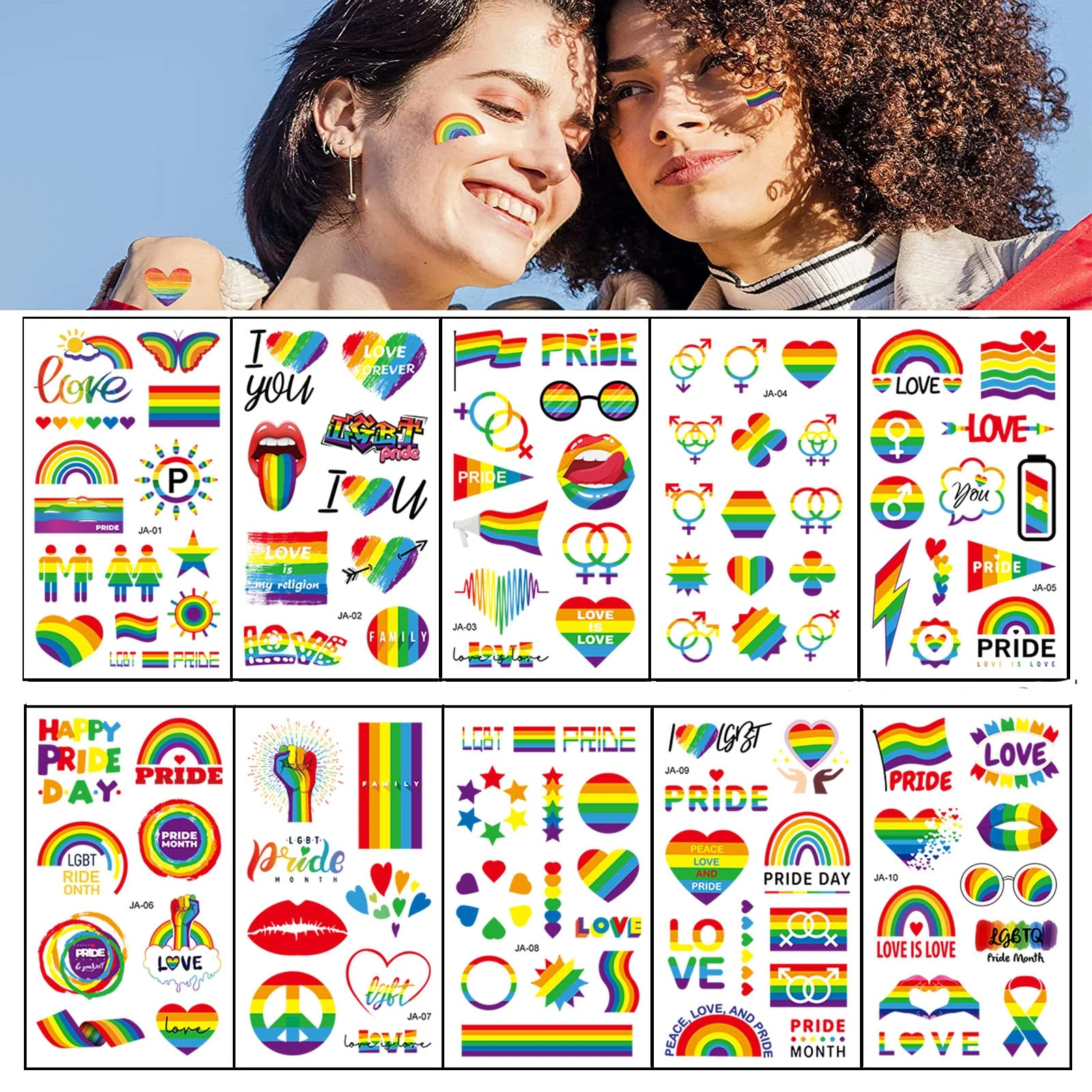 10 Sheets Prideday Tattoo Stickers,150+ Prideday Rainbow Temporary Fake Face Body Tattoo Stickers for Prideday Party Favours (Color-Prideday)