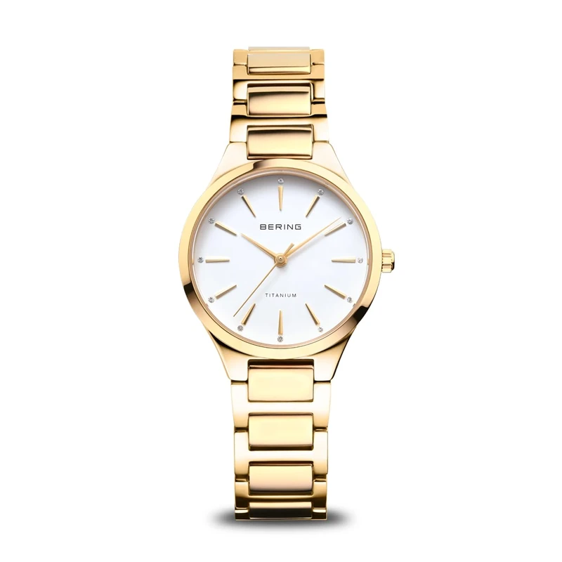 BERING Damen Quarz Uhr | Armbanduhr 30 mm goldenes Titangehäuse und weißes Zifferblatt | Titanband mit Titanelementen | 10 ATM | 15630-734