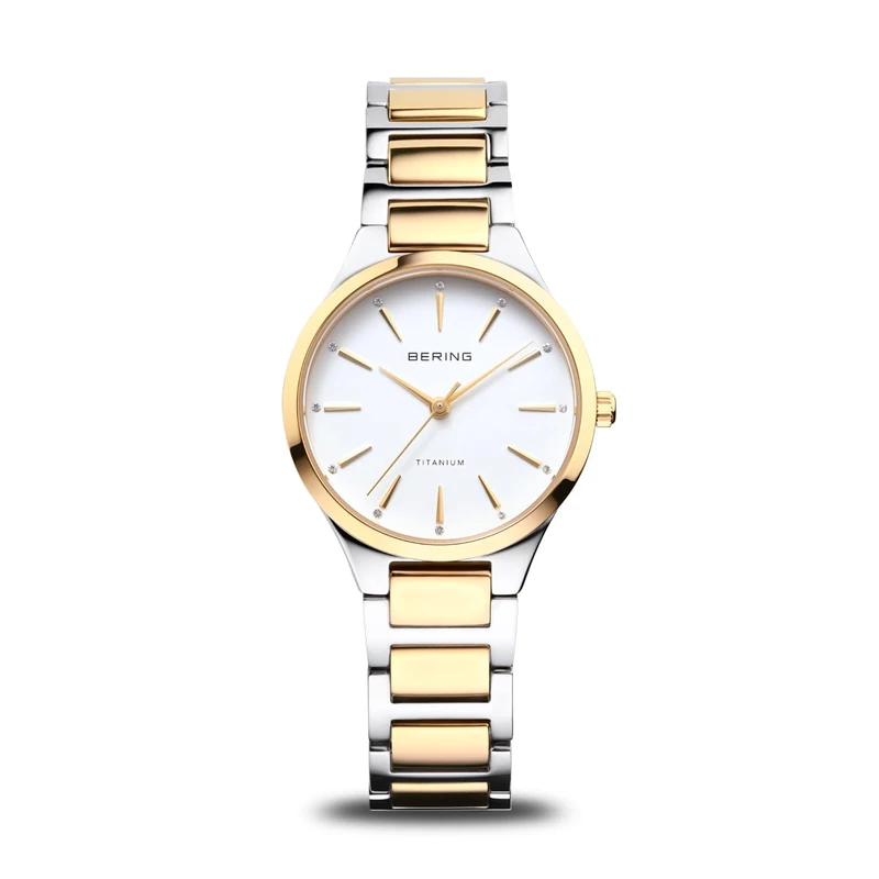 BERING Damen Quarz Uhr | Armbanduhr 30 mm Silber/goldenes Titangehäuse und weißes Zifferblatt | Titanband mit Titanelementen | 10 ATM | 15630-701