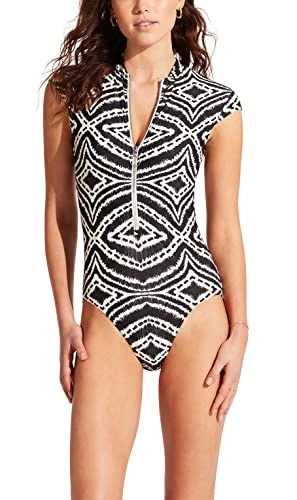 Seafolly Women's Cap Sleeve Zip Front One Piece Swimsuit, Zanzibar Black, 6