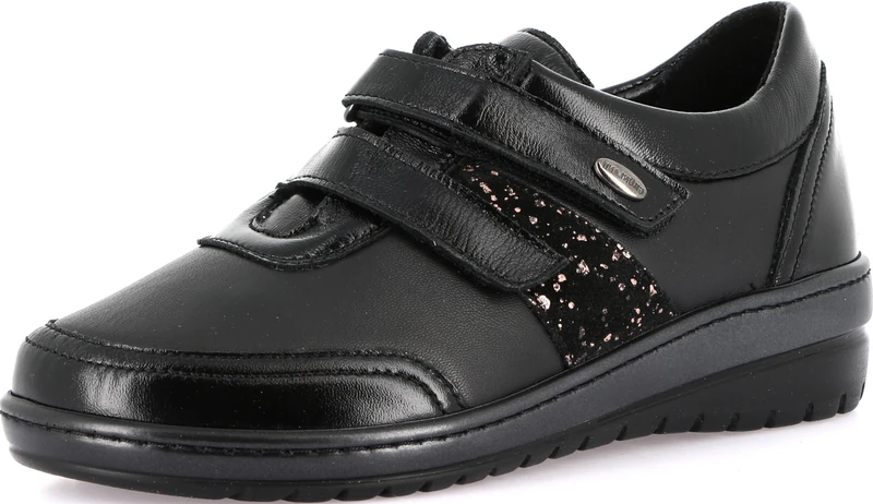 GRUNLAND-NILE Comfort Shoe with Double Strap for Everyday wear, Fitted Sole, Removable Re-Soft Insole Made of Cork and Leather, and 3.5 cm high Wedge Heel Black