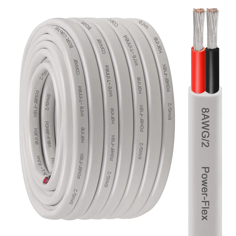 Kimbluth 8 Gauge Duplex Marine Wire Tinned Copper Boat Cable, 50ft 8 AWG Standard USA OFC Oxygen Free Copper Wire for Automotive Boat Speakers Solar Outdoors