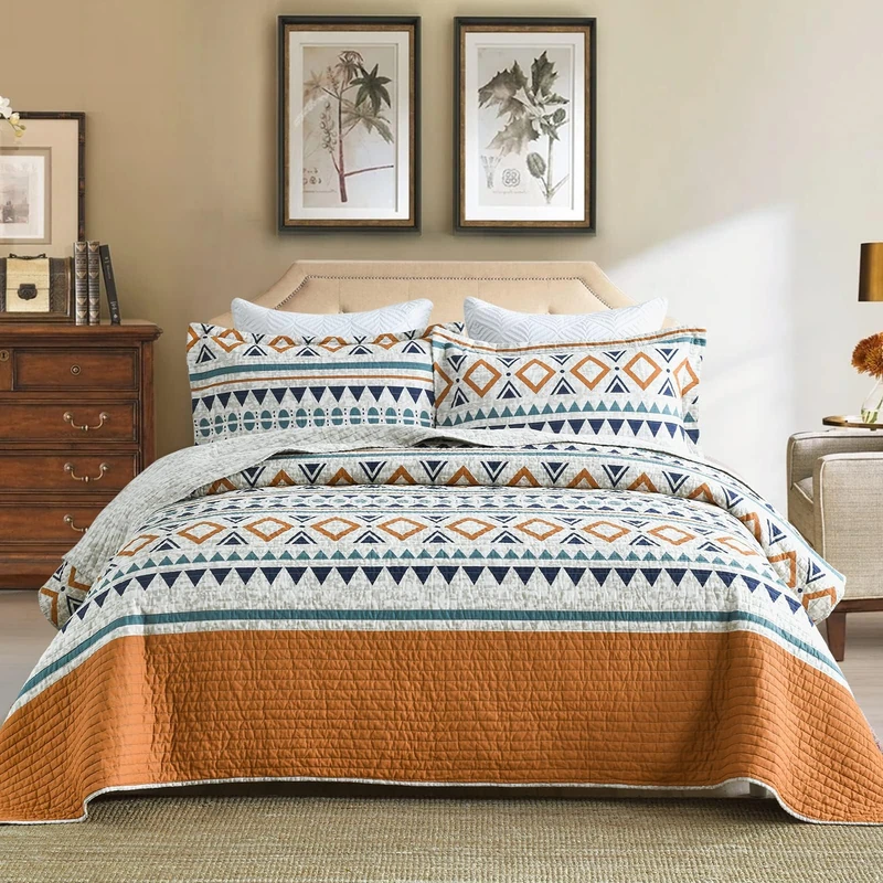 SahSahCasa Quilt King Size, 100% Cotton Boho Quilt, King Quilt Bedding Set Bedspreads, Bohemian Lightweight Striped Geometric Quilts Bedspread for King Bed, for All Season, Orange, 3 Pieces