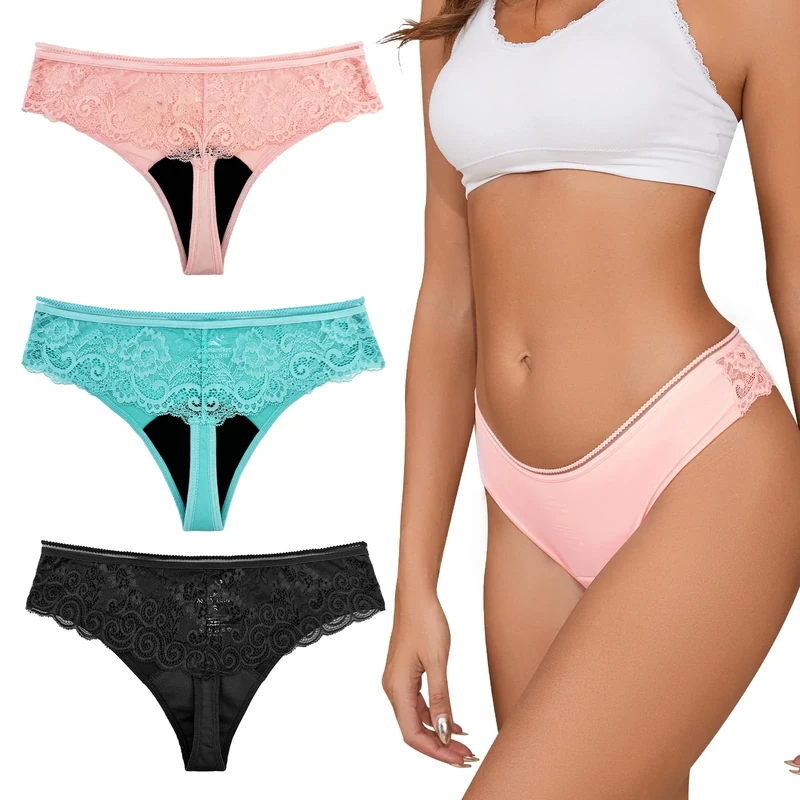 Lace Thong Period Underwear for Women, Leak Proof Period Thongs, Absorbent Panty, Menstrual Thong Bikini Bottom, Black-3pack, M - Image 1