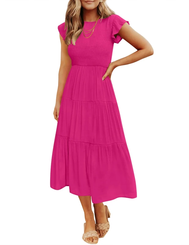 ZESICA Short Sleeve Round Neck Short Sleeve Smocked Elastic Waist Midi Dress, Pink, L