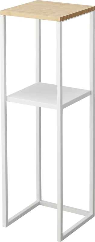 YAMAZAKI 5983 TOWER 2-Tiered Shelf With Wooden Top, White, Steel/BAMBOO, Minimalist Design, 25 x 25 x 80 cm (LxWxH)