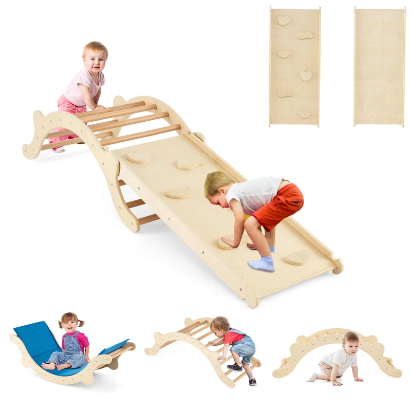 GYMAX 3 in 1 Kids Climbing Set, Indoor Climbing Arch with Reversible Ramp & Mat, Wooden Toddler Climber Frame for Playroom (Natural)