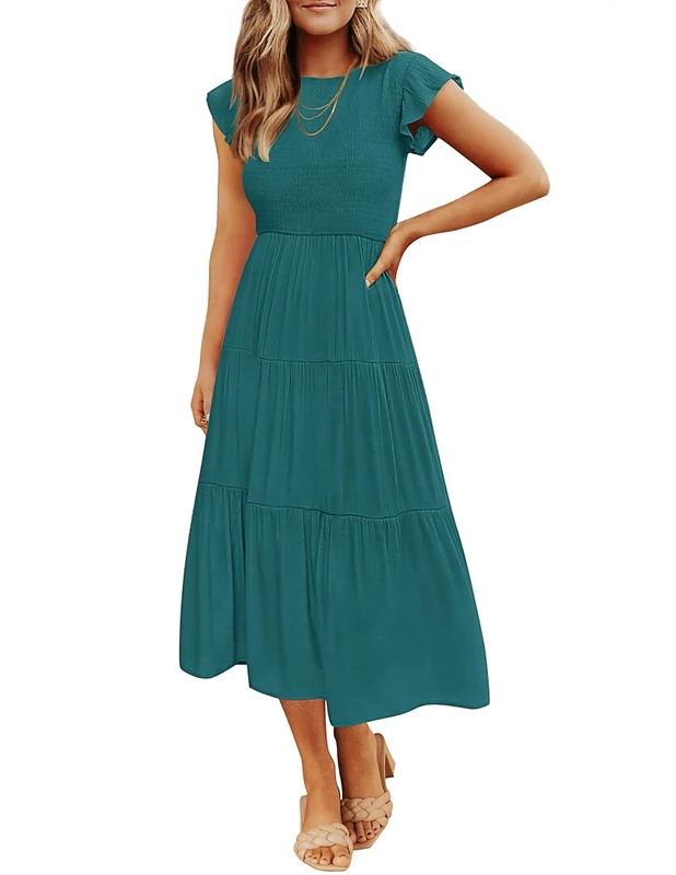 ZESICA Women's 2024 Summer Casual Flutter Short Sleeve Crew Neck Smocked Elastic Waist Tiered Midi Dress, Teal Green, L