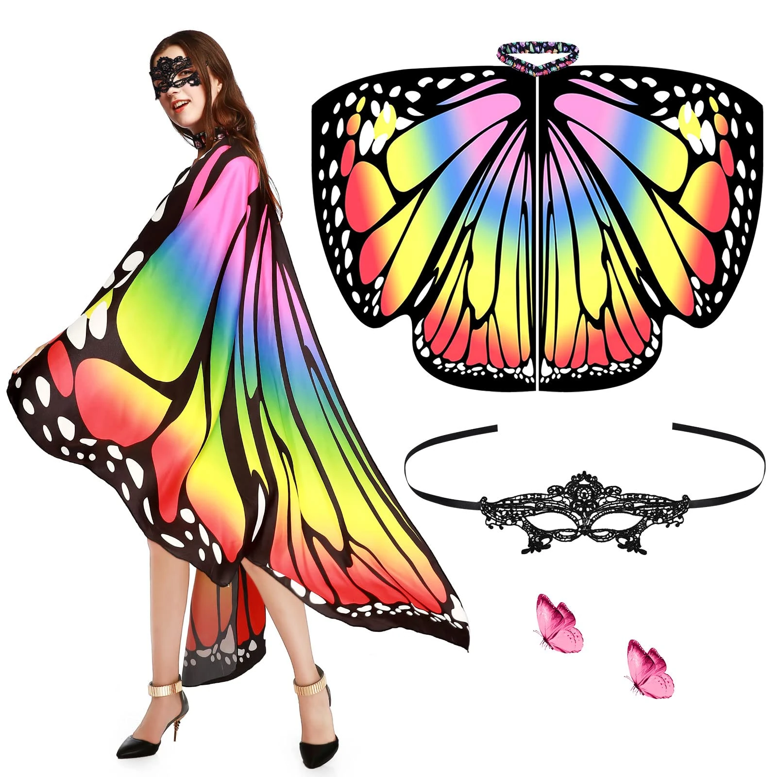Aomig Womens Butterfly Wings Costume, Rainbow Butterfly Shawl Wings with Mask, Adult Fairy Pixie Cloak Butterfly Cape Wings Fancy Dress for Christmas Halloween Party Cosplay Dancing