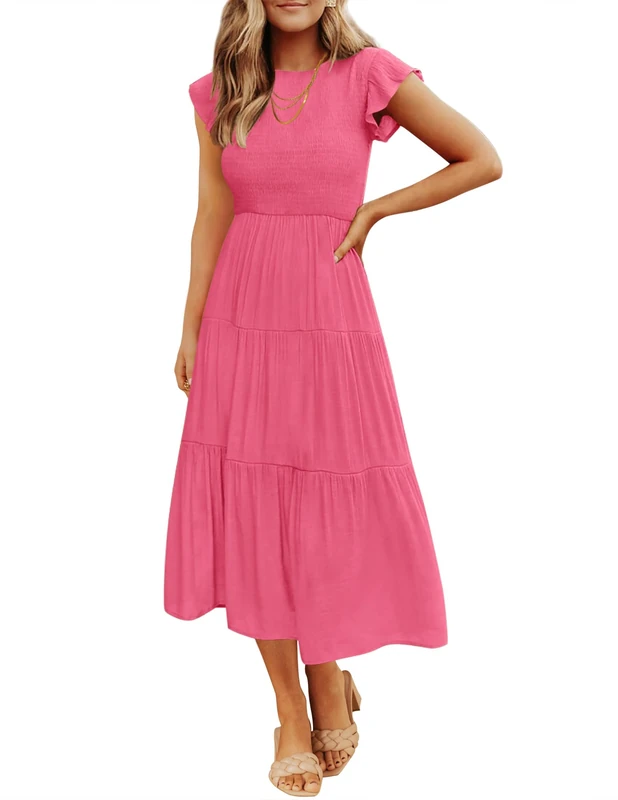ZESICA Women's 2024 Summer Casual Flutter Short Sleeve Crew Neck Smocked Elastic Waist Tiered Midi Dress, Hot Pink, M