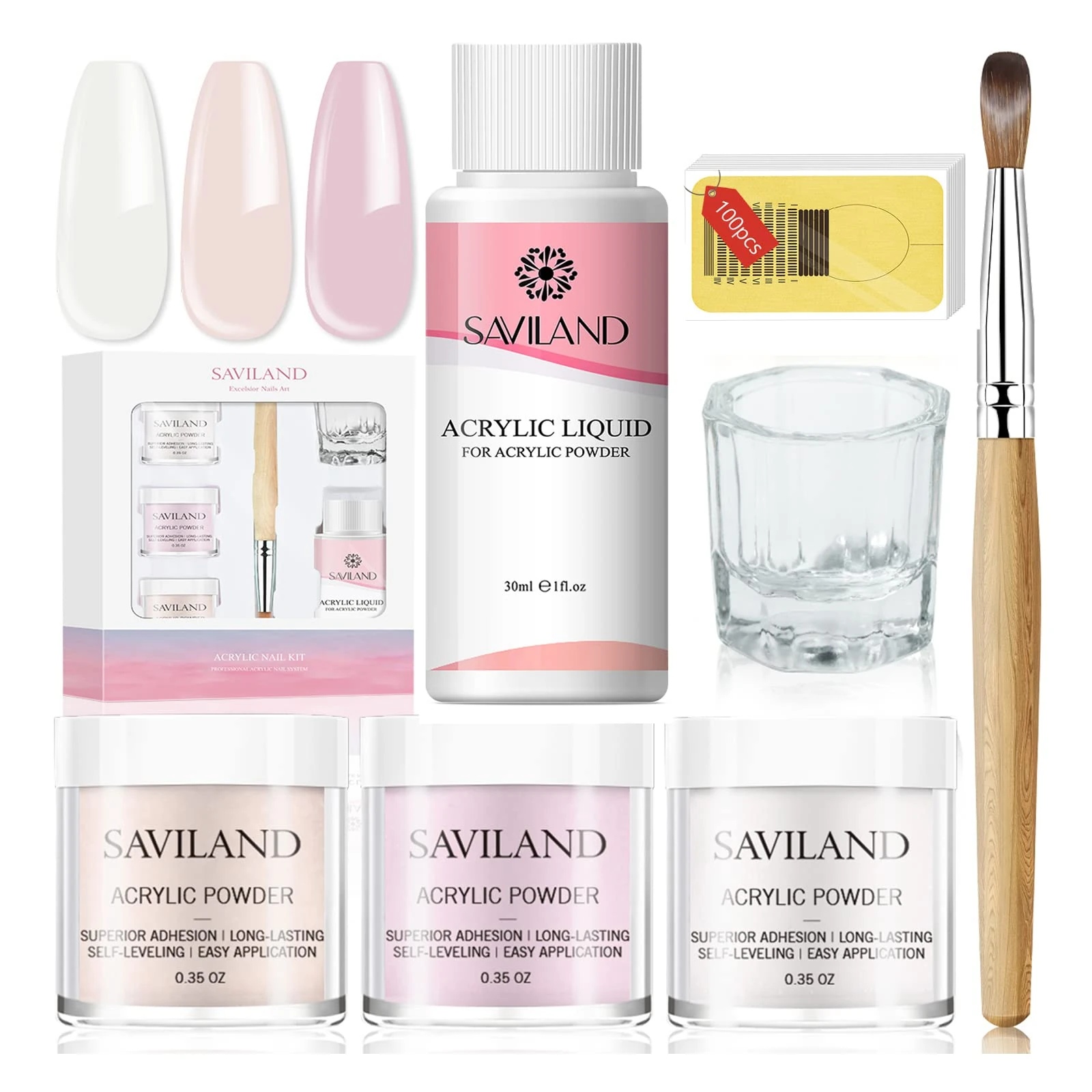 Saviland Acrylic Nail Kit, 3 Colors Pink Nude Clear Acrylic Powder and Liquid with Brush, Froms Dappen Dish Set for Nail Extensions & Manicures