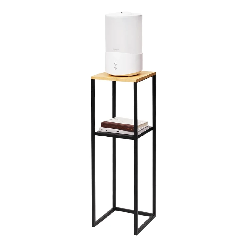 YAMAZAKI 5984 TOWER 2-Tiered Shelf With Wooden Top, black, Steel/Bamboo, Minimalist, 25 x 25 x 80 cm