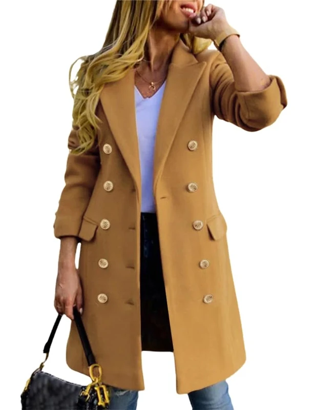 IDEALSANXUN Womens Fall Winter Wool Coats Double Breasted Midi Peacoat Trench Coats, Camel, XS