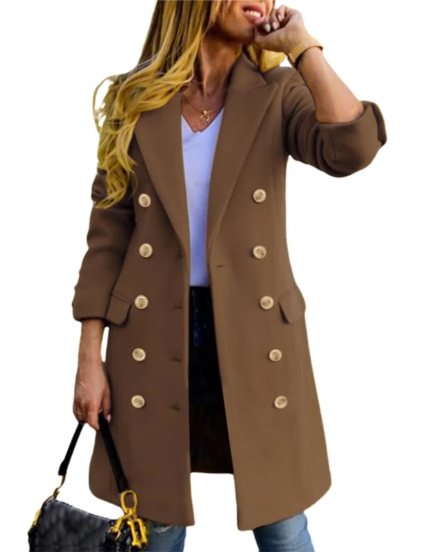 IDEALSANXUN Womens Fall Winter Wool Coats Double Breasted Midi Peacoat Trench Coats, Dark Khaki, XS - Image 1