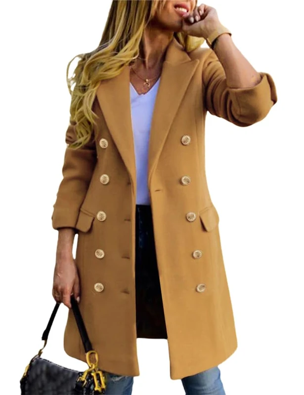 IDEALSANXUN Womens Fall Winter Wool Coats Double Breasted Midi Peacoat Trench Coats, Camel, L