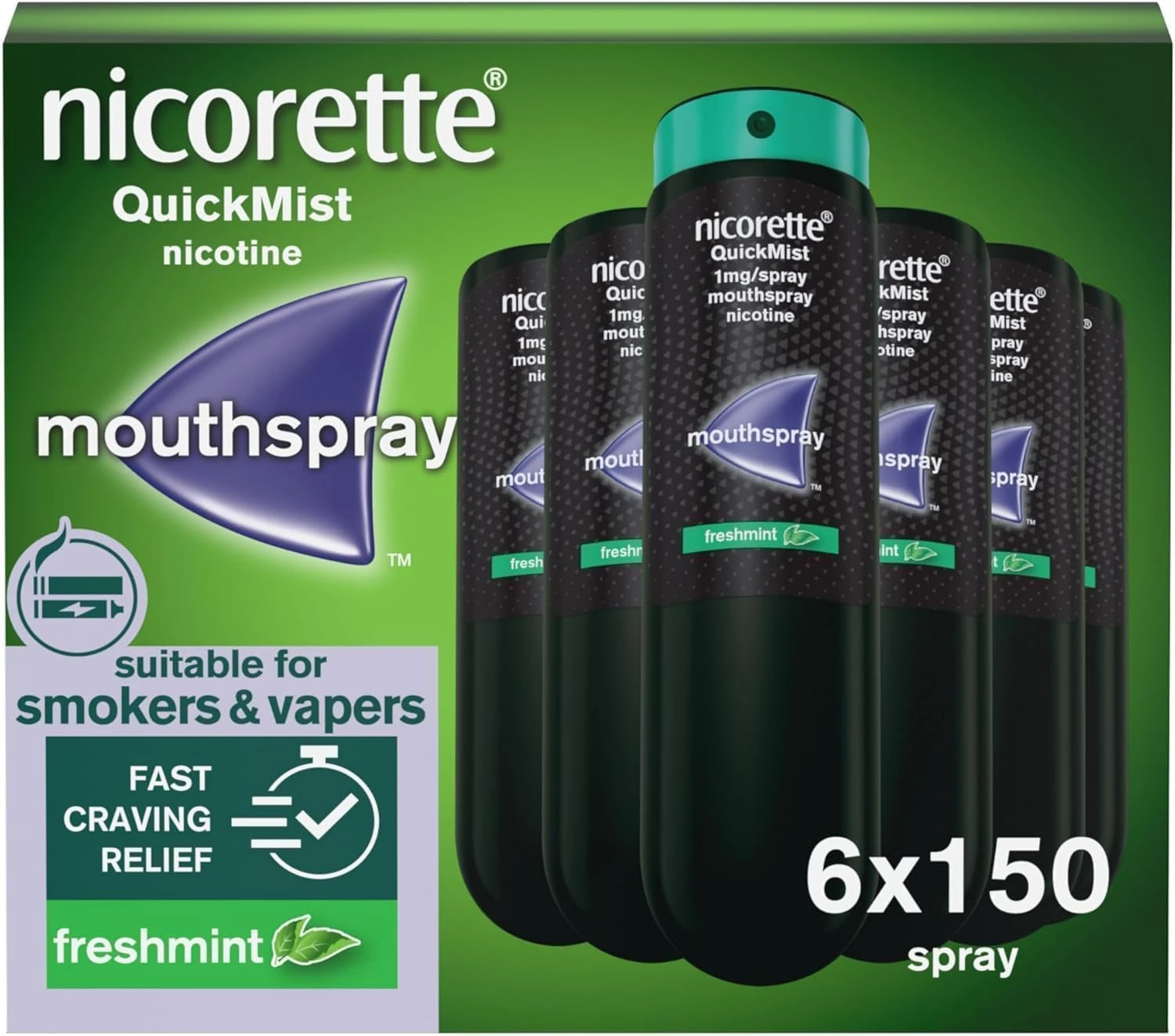 Nicorette QuickMist Mouthspray, Freshmint (6 x 150 Sprays) Smoking or Vaping Cessation Aid, designed to start reducing cravings in 30 seconds (Quit Smoking or Quit Vaping Aid)