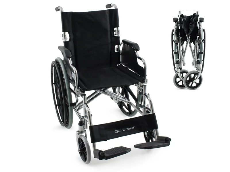 QUIRUMED PRO Chrome Steel Wheelchair, Foldable, Solid Wheels, Flip Back, Flip Up Armrests, Removable Footrests, Hand Brakes