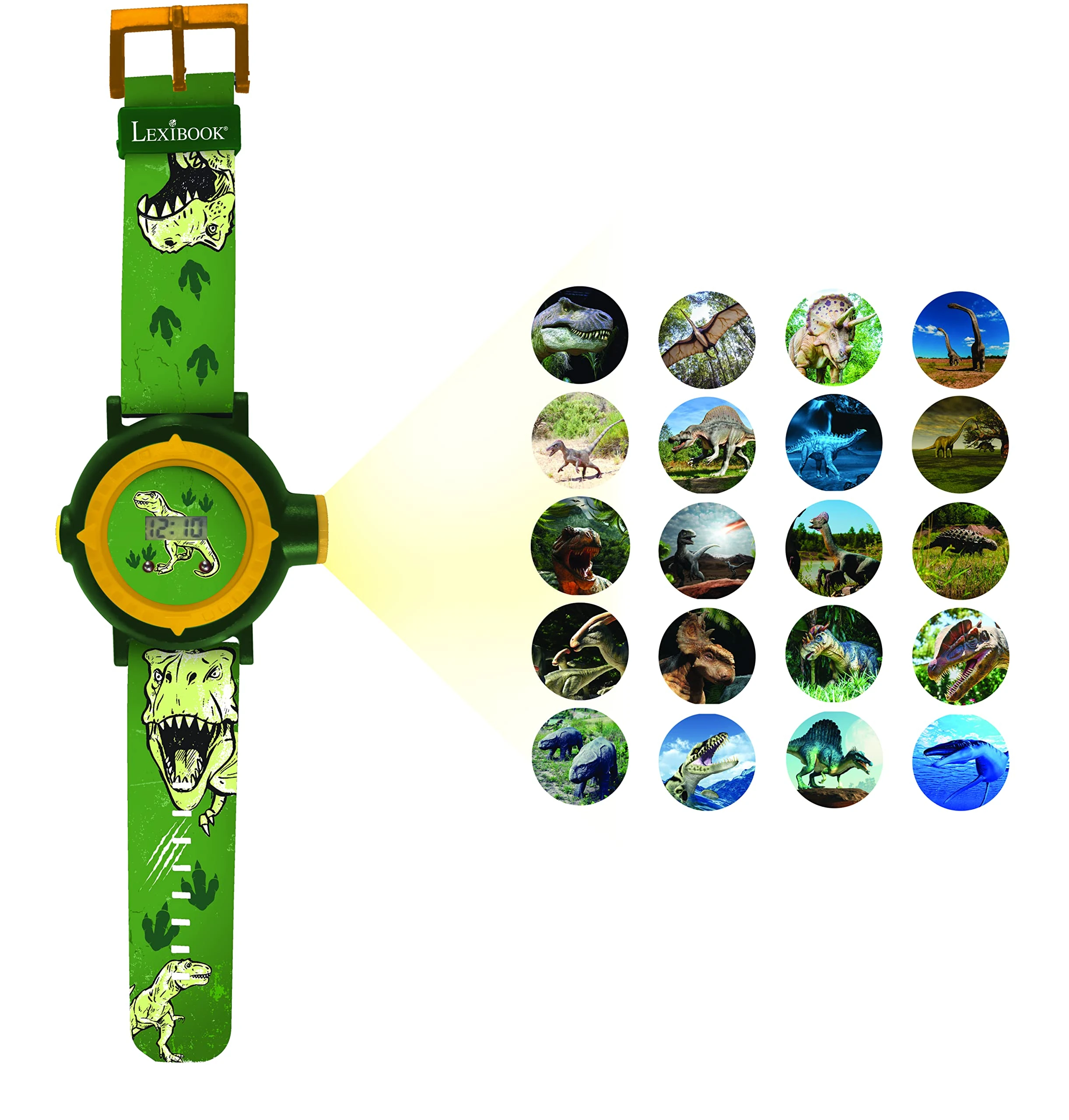 LEXIBOOK - Dinosaur Adjustable Projection Watch Digital Screen – 20 Images of Dinosaur – for Children - Green and Yellow - DMW050DINO
