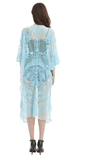 marysgift Women's Swimwear Cover Ups Sexy Kimono Swimsuit Hollow Out Patchwork Summer Dusters Long See Through Cardigan Light Blue