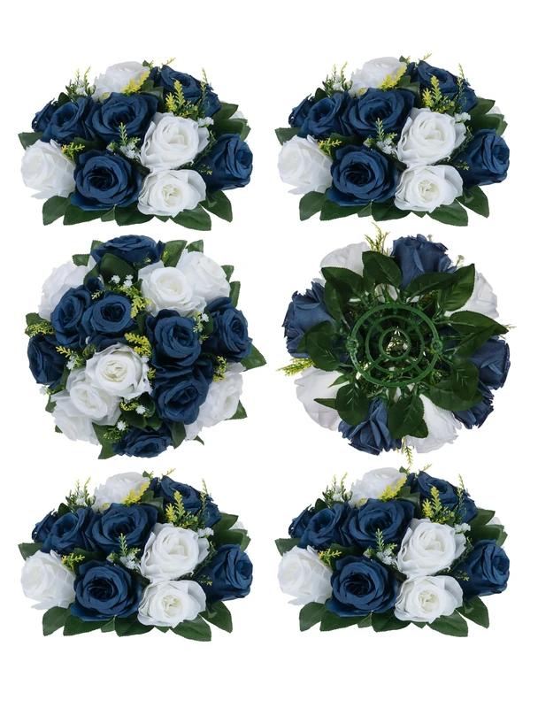 BLOSMON Flower Centerpieces for Tables Wedding 6 Pcs Navy Blue & White Fake Flowers Rose Arrangement Bouquet Floral Centerpiece Balls Artificial Wedding Center Pieces of Valentines Day Home Decor - Image 1